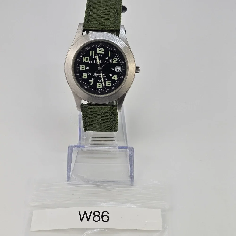Armitron Durasteel Field Men Watch 39MM Black‎ Dial Date NEW Green Bands Battery